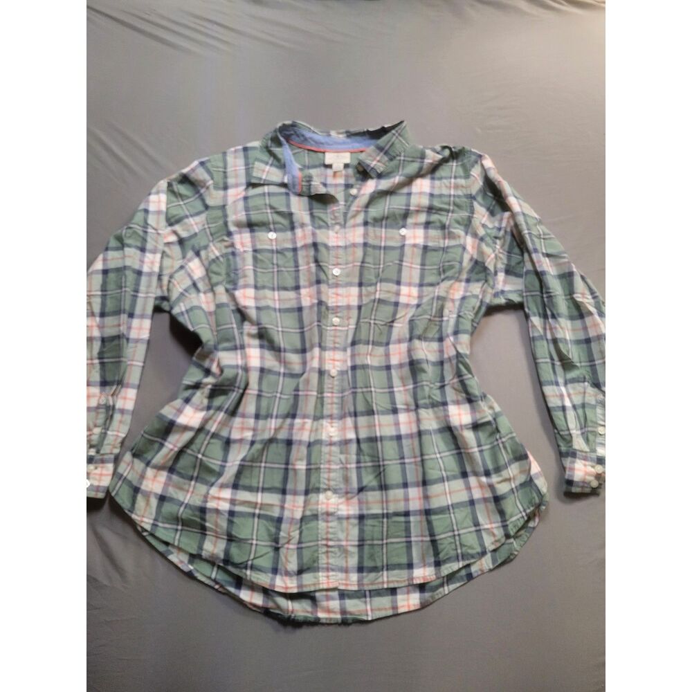 st johns bay womens 1x plaid button up shirt sage green pink roll tab sleeve